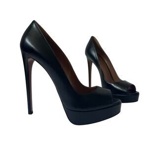 Alaïa Classic Black Leather Peep Toe Heel Pumps size EU 38 Platform Stiletto